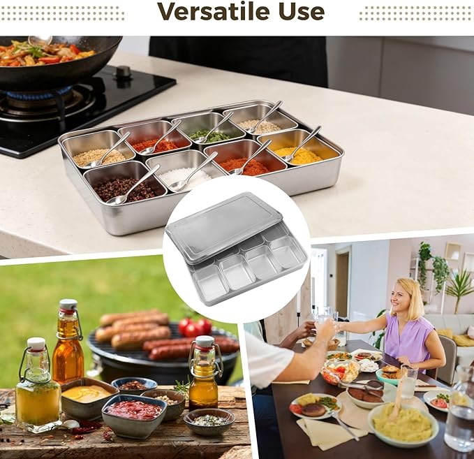 ZALIR 8 Grid Stainless Steel Yakumi Pan, Multi Compartment Yakumi Pans, Condiment Containers, Multi Compartment Food Containers for Herbs, Spices