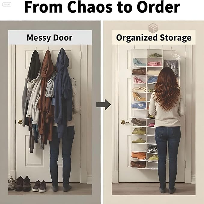 Hoodie Organizer Storage Hack, Behind The Door Shoe Organizer, 26-Pocket Clear Holder, Large 63 X 22in, Foldable Behind The Space Behind Doors for Storing Shoes