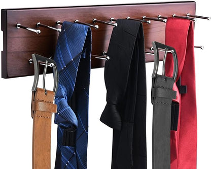 Tie Rack Wall Mounted, Wood Belt Hanger for Closet with 21 Chrome Hooks, Belt Storage Holder Organizer for Men Belts, Ties, Scarves, Wooden