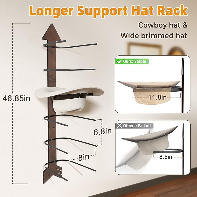 Cowboy Hat Rack Wall Mount, Solid Wood Arrow Design 6 Pieces, Cowboy Hat Holder, Western Decor, Hat Organizer Storage, Hat Hanger Hook for Entryway Closet, Walnut