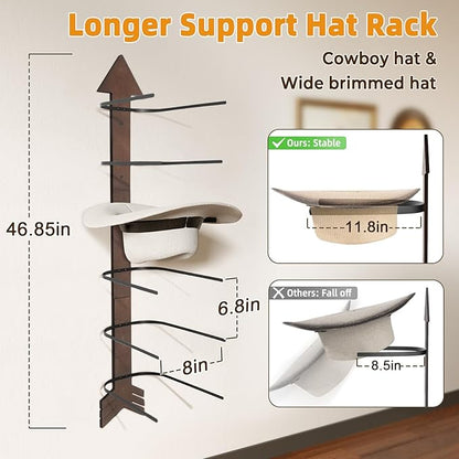Cowboy Hat Rack Wall Mount, Solid Wood Arrow Design 6 Pieces, Cowboy Hat Holder, Western Decor, Hat Organizer Storage, Hat Hanger Hook for Entryway Closet, Walnut