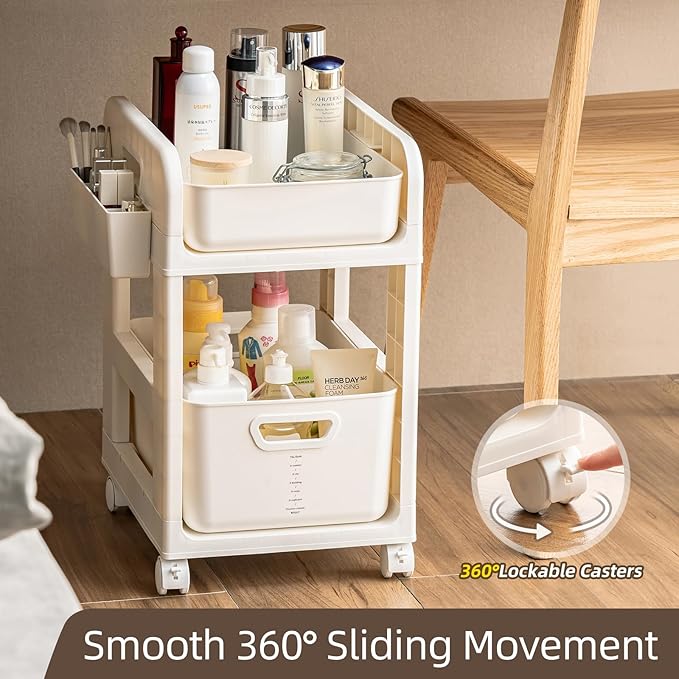 Rolling Makeup Organizer Cart with Removable Drawer, 2 Tier Stable White Floor Skincare Storage Cart for Vanity, Cosmetic Display, Nail Polish, Perfume, Hair Stuff, Beauty, Bathroom (2 Tier White)