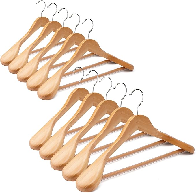 Wooden Suit Hangers 10 Pack - Heavy Duty Wide Shoulder Hangers With Non Slip Pants Holder for Men, Women, Coats, Jackets (Natural)