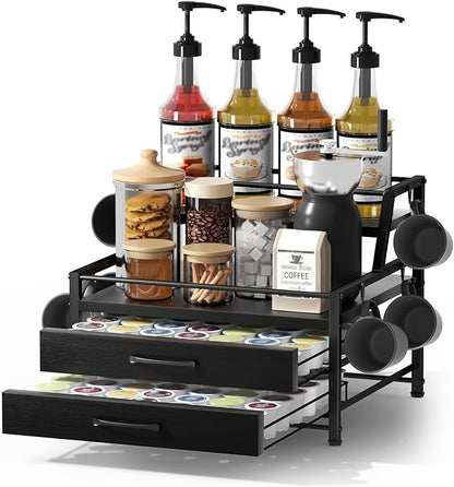 Homsorout Coffee Syrup Rack Organizer - 4-Tier 8 Syrup Wine Bottles Stand with 82 Storage Drawer for K Cups, Coffee Pod Holder for Countertop, Bar Station, Kitchen, Black