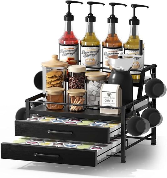 Homsorout Coffee Syrup Rack Organizer - 4-Tier 8 Syrup Wine Bottles Stand with 82 Storage Drawer for K Cups, Coffee Pod Holder for Countertop, Bar Station, Kitchen, Black