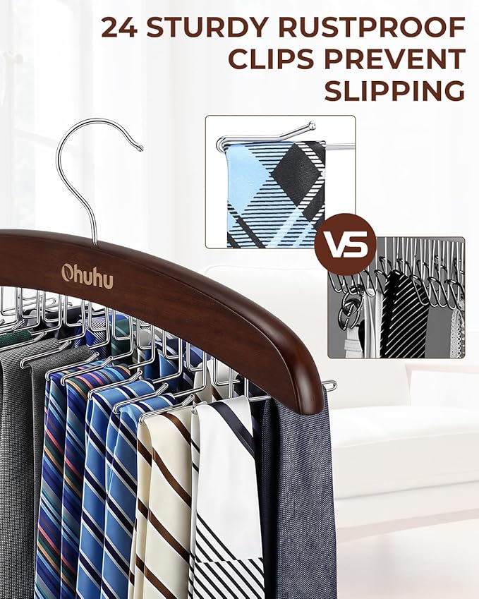 Tie Rack Hanger for Closet: Ohuhu 2 Packs 24 Folding Hooks Tie Hangers for Men Wooden Tie Holder Organizer Space Saving Necktie Storage 360 Degree Rotating Ties Belts Scarves Tank Tops-Walnut