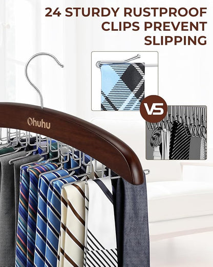 Tie Rack Hanger for Closet: Ohuhu 2 Packs 24 Folding Hooks Tie Hangers for Men Wooden Tie Holder Organizer Space Saving Necktie Storage 360 Degree Rotating Ties Belts Scarves Tank Tops-Walnut