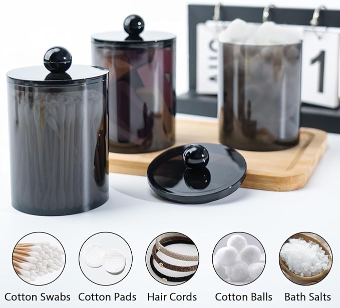 XIPENGKEJI 4 Pack Qtip Holder,Canister Apothecary Jar Set, Bathroom Jars with Lids Set for Cotton Swabs, Balls, Pads, Floss Picks,10oz-12oz Plastic Canisters Restroom Bedroom Vanity Organizer(Black)