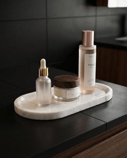 OOBOOB Oval Natural Marble Bathroom Tray for Decor Countertop, Marble Vanity Tray for Candles Perfume, Jewelry, Cosmetics, Elegant Vanity Organizer for Jewelry, Perfume (Star White, 9.84*4.72*0.7)