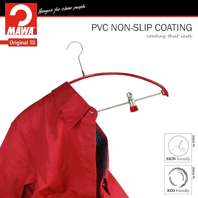 Mawa by Reston Lloyd European Non-Slip Metal Clothing Hanger, Smooth Shoulder Support & Adjustable Pant Clips, 1 Piece, Red