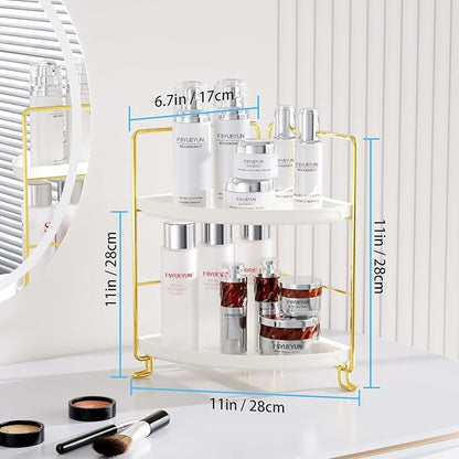 FSyueyun 2-Tier Corner Bathroom Counter Organizer, Tool-Less Installation Vanity Shelf Small Plastics Countertop Makeup Tray Skincare Perfume Organizers (Gold)
