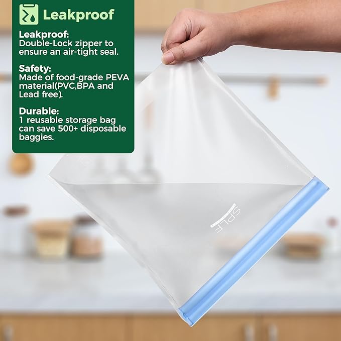 SPLF 10 Pack Stand-Up Reusable Food Storage Bags Dishwasher Safe, BPA Free Reusable Freezer Bags, Extra Thick Leakproof for Meal Prep, Sandwich, Bread, Veggies - 3 Gallon 4 Quart 3 Snack