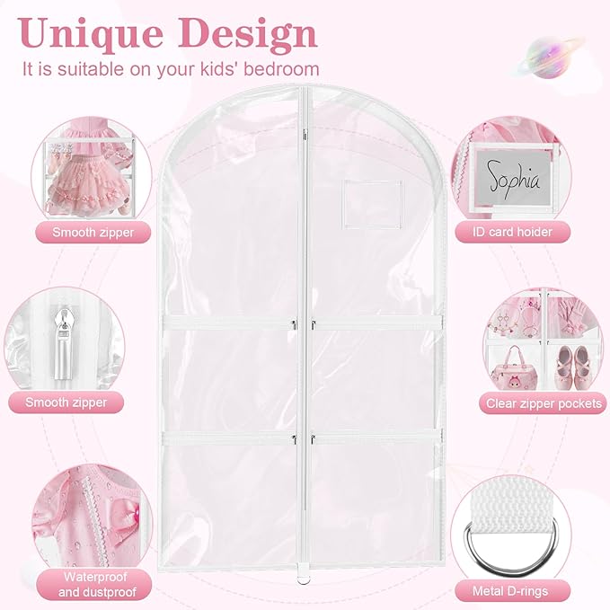 3 Pack Clear Dance Garment Bags for Dancers, 40" Waterproof Dustproof Dance Costume Bags for Hanging Clothes with 5 Large Zipper Pockets for Dance Competition, Suitable for Dress, Uniform