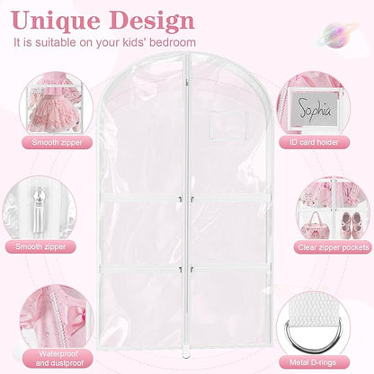3 Pack Clear Dance Garment Bags for Dancers, 40" Waterproof Dustproof Dance Costume Bags for Hanging Clothes with 5 Large Zipper Pockets for Dance Competition, Suitable for Dress, Uniform