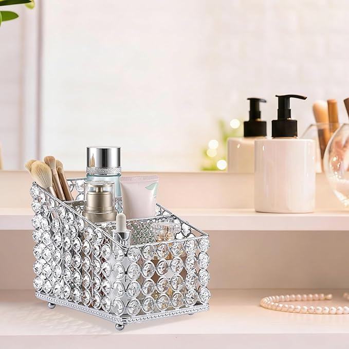 Hipiwe Crystal Makeup Brush Organizer 3 Slots Makeup Palette Organizers Vanity Storage Holder Eyeshadow Palette Display Holder Cosmetic Holder for Dresser Bathroom