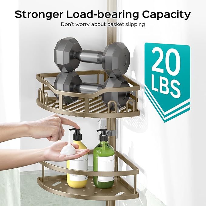 HAMITOR Corner Shower Caddy Tension Pole: Rustproof 4-Tier Bathroom Organizer Shelves for Bathtub Shampoo Storage - 47-121 Inch Quick Install Adjustable Rod Standing Rack with Soap Rack -Tan Khaki