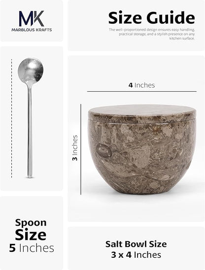MARBLOUS KRAFTS Marble Salt Cellar with Lid and Spoon 3 x 4 Oceanic Salt Bowl, Spice Jar for Kitchen Countertop Organizer, Sugar Candy and Seasoning Container, Perfect Mother’s Day Gift for Mom