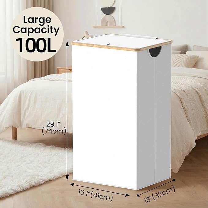 efluky Laundry Hamper with Lid, 100L Tall Laundry Basket with Bamboo Handles for Clothes and Toys, Collapsible Laundry Hamper with Inner Bag for Bedroom and Bathroom, White