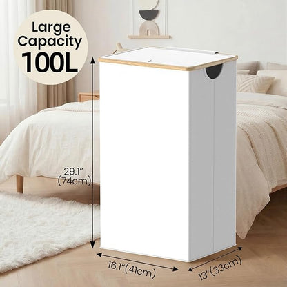 efluky Laundry Hamper with Lid, 100L Tall Laundry Basket with Bamboo Handles for Clothes and Toys, Collapsible Laundry Hamper with Inner Bag for Bedroom and Bathroom, White