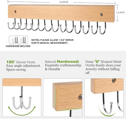 Necklace Holder Wall Mounted Jewelry Organizer - 2 Pack Wooden with 28 Rotating 180° Hooks for Hanging Earring & Ring Bracelet Storage, Decorative Space-Saving Jewelry Display (Natural)