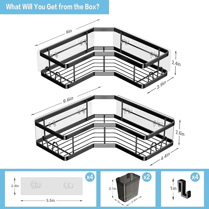 AKTECKE Corner Shower Caddy, 2 Pack Adhesive Shower Corner Organizer Shelves, No Drilling Stainless Steel Shower Storage Rack with Hooks&Toothpaste Holder for Bathroom Kitchen （for 90° Corners Only）