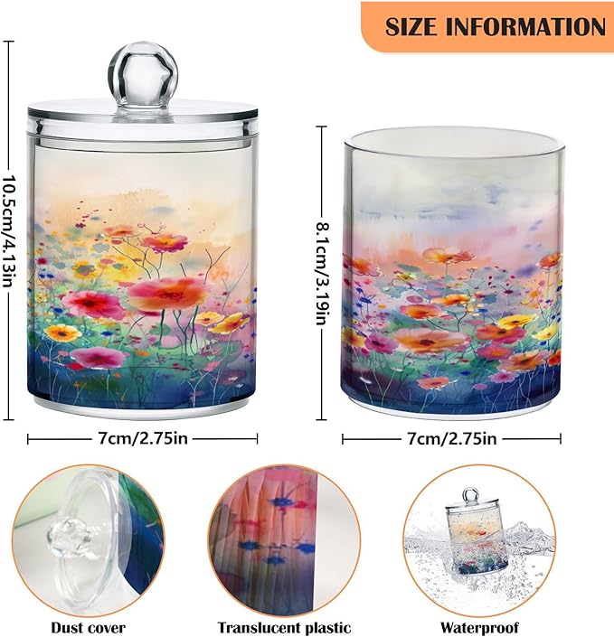 Colorful Flowers Painting Qtip Holder Dispenser with Lids, 2PCS Plastic Food Storage Canisters, Apothecary Jar Containers for Vanity Organizer Storage #557