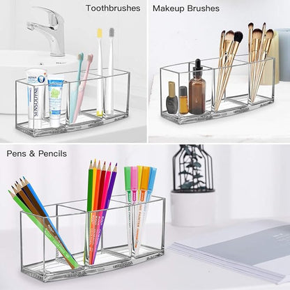 Clear Makeup Brush Organizer, Premium Acrylic Makeup Brush Holder Organizer 3 Compartments, Makeup Brush Display Holder Cosmetic Storage