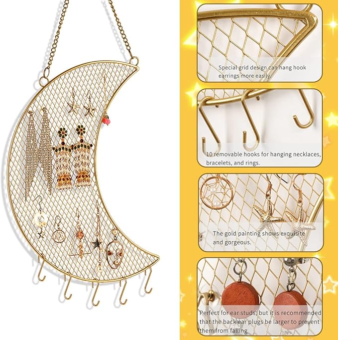 Rolin Roly Earring Wall Holder Wall Mounted Jewelry Rack Hanging Earring Organizer with3 Hooks Moon Shaped for Display Grid Golden Bracelet Necklace Ring