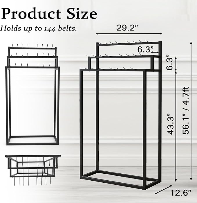Retail Belt Display Stand,Floor Mounted Belt Hanger, Metal Men Belt Organizer, Commercial Tie Scarf Display Stand for Clothing Retail and Home (Black)