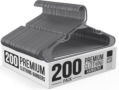 Our Modern Space 200 Pack Plastic Hanger for Shirt Pants Coats Dresses Skirts Suits Jackets - Standard Thick Coat Hanger - Sturdy & Durable Design with Shoulder Grooves Hook - Grey