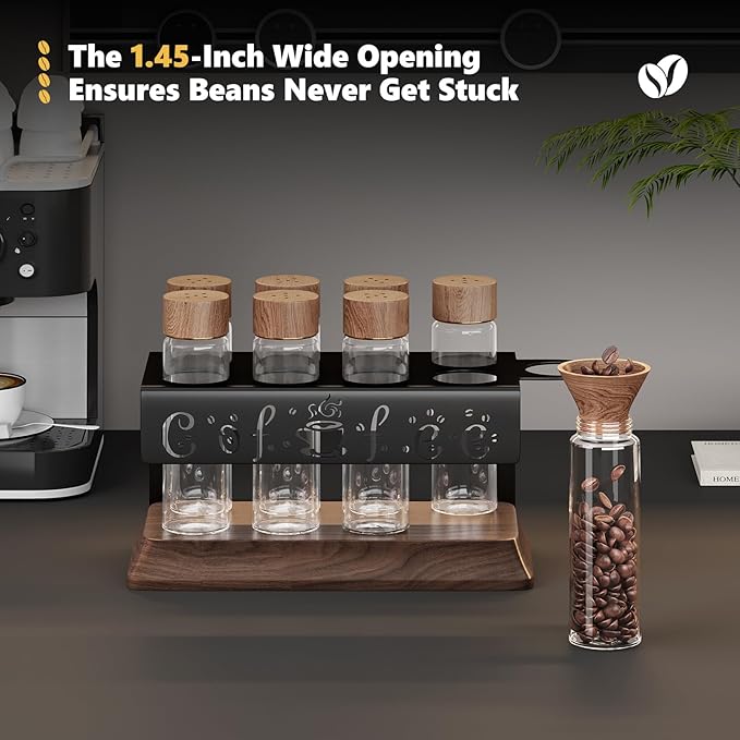 Single Dose Coffee Bean Storage Tubes with One-Way Exhaust Valve,Coffee Bean Container with American Walnut Wood Base,Funnel and Lids,Espresso Bean Storage with 8Pcs Glass Tubes