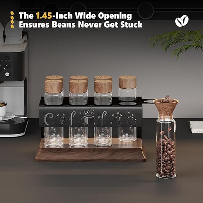 Single Dose Coffee Bean Storage Tubes with One-Way Exhaust Valve,Coffee Bean Container with American Walnut Wood Base,Funnel and Lids,Espresso Bean Storage with 8Pcs Glass Tubes