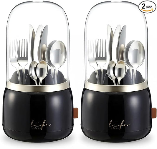 2 Pack 360° Rotating Silverware Organizer, Utensil Holder with Lid for Kitchen Counter Silverware Caddy with Drainage Dustproof Flatware Holder for Cutlery Spoon Fork(Black,7 Slot)