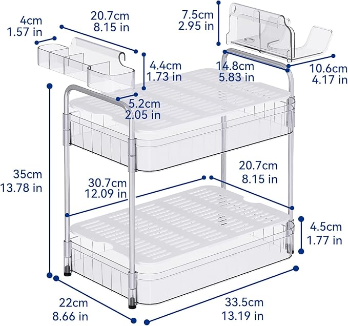 Bathroom Counter Organizer, 2 Tier Makeup Skincare Storage Tray with Hair Dryer Holder and Toothbrush Rack, Perfume Organizer Vanity Shelf for Countertop, Dresser (Transparency)