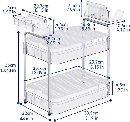 Bathroom Counter Organizer, 2 Tier Makeup Skincare Storage Tray with Hair Dryer Holder and Toothbrush Rack, Perfume Organizer Vanity Shelf for Countertop, Dresser (Transparency)