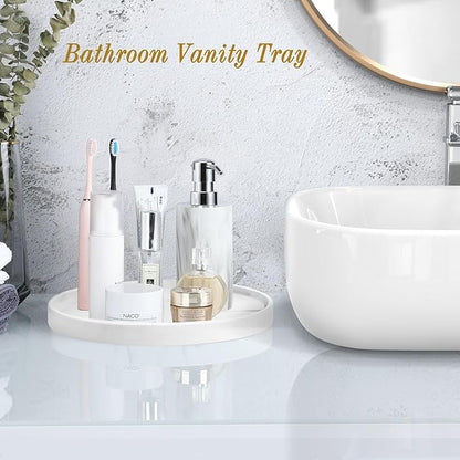 Luxspire Round Vanity Tray, 10.63 Inch Bathroom Vanity Tray Resin Kitchen Tray, Countertop Organizer Tray for Perfume Dresser Jewelry Candle, Coffee Table Decorative Tray, Marble White
