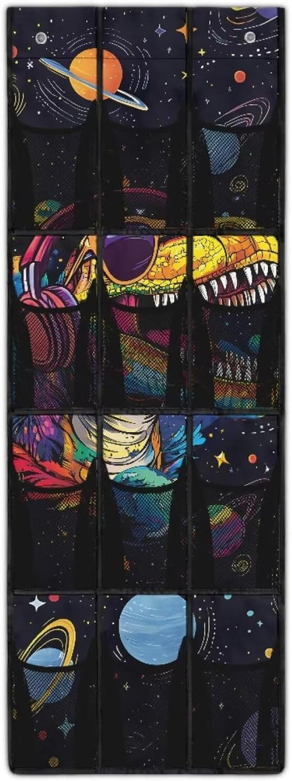 Solar System Dinosaur Over The Door Organizer, 12 Large Pockets Space & Dinosaur Theme Shoe Rack for Kids Room, Educational Decor for Shoes & Toys