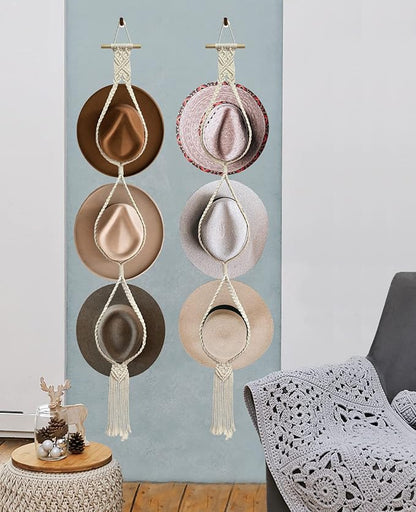 2 Pieces Hat Racks Hat Hangers for Wall, Bohemian Hat Organizer for Wall Hanging Hat Display, Hand Weaving Boho Hat Rack Decorative Cowboy Women Hat Holder for Wide Brim Bowler Fedoras