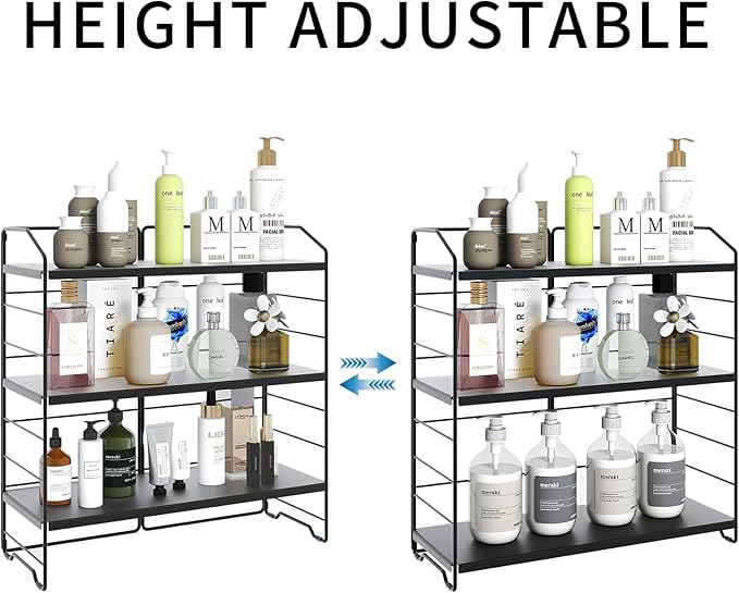 BOIVSHI Bathroom Countertop Organizer, 3-Tier Bathroom Counter Organizer, 8-Levels Height Adjustable, Bathroom Organizer for Kitchen, Pantry, Livingroom, Offices Storage, Metal Black