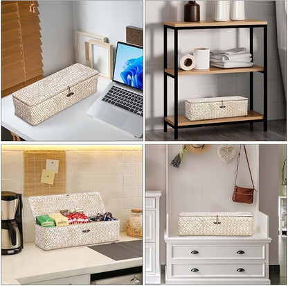 Hipiwe Storage Basket with Lid 3 Sections Handwoven Seagrass Basket Rectangular Closet Organizer Bin Multipurpose Storage Box for Bathroom Shelf Kitchen, Whitewash