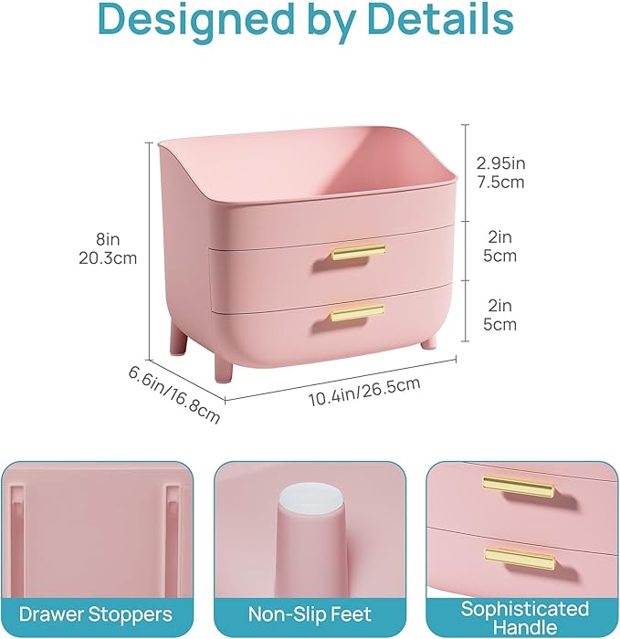 Vtopmart 3-Tier Skincare Makeup Organizer with Drawers for Vanity and Bathroom Countertop, Large Cosmetic Storage Box Case for Dresser, with Non-Slip Base, Pink