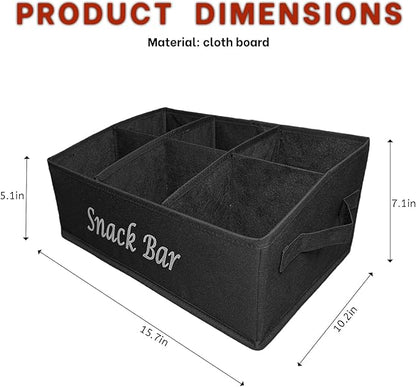 Snack Bar Organizer for Countertop,Black Fabric Snack Basket with Handles,6 Compartment Open Top Snack Bin for Kitchen Counter,Pantry,Snacks & Party Treats