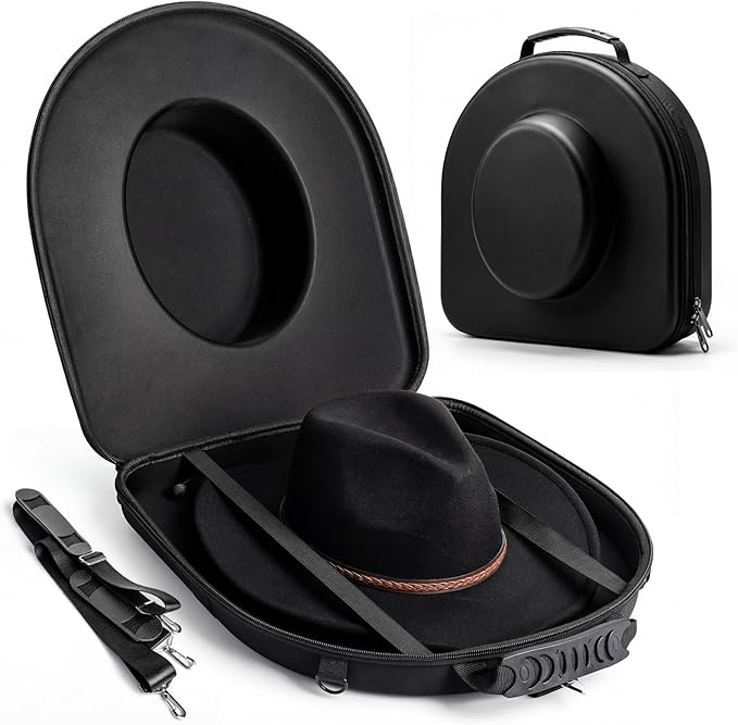 Cowboy Hat Travel Case, Hard-Shell Crushproof Box w/Adjustable Strap, Large Carrier Fits 1–3 Cowboy/Fedora/Panama Hats, Magnetic Closure, Pocket, Black