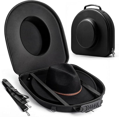 Cowboy Hat Travel Case, Hard-Shell Crushproof Box w/Adjustable Strap, Large Carrier Fits 1–3 Cowboy/Fedora/Panama Hats, Magnetic Closure, Pocket, Black