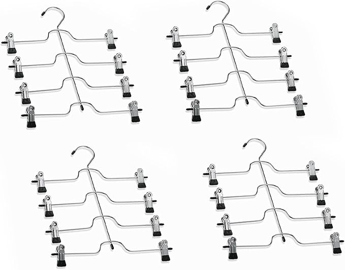 HUJI Sturdy 4 Tier Trouser Skirt Pants Hanger Chrome and Black Vinyl (Set of 4, 4 Tier Trouser Hangers)