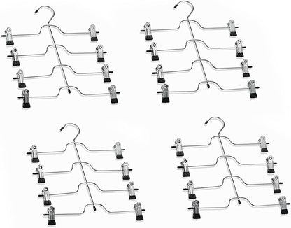 HUJI Sturdy 4 Tier Trouser Skirt Pants Hanger Chrome and Black Vinyl (Set of 4, 4 Tier Trouser Hangers)