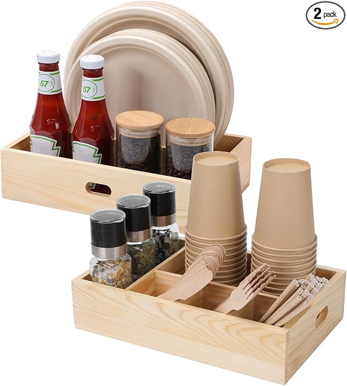 Utensil Holder for Party,Paper Plate Holders,Wood Silverware Organizer for Kitchen Countertop,Silverware Caddy,Essentials for Parties,Cutlery Flatware Organizer for Spoons Forks Napkins Cup,Set of 2