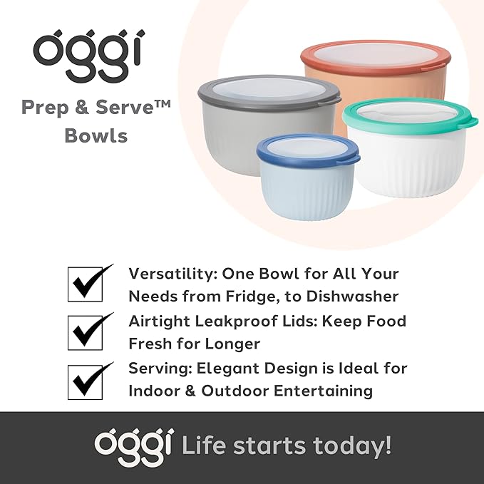 Oggi Prep, Store & Serve Plastic Bowl w/See-Thru Lid- Dishwasher, Microwave & Freezer Safe, (0.7 qt) White/Aqua