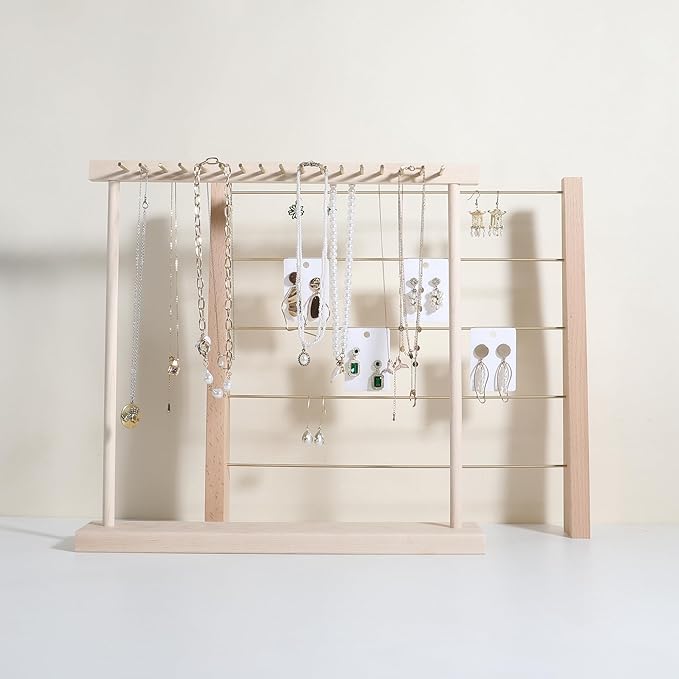 Large necklace hanger shelf with 17 copper bars, Wooden jewelry storage organizer rack for hanger necklace bracelet, necklace display stand for boutique store【Marple】