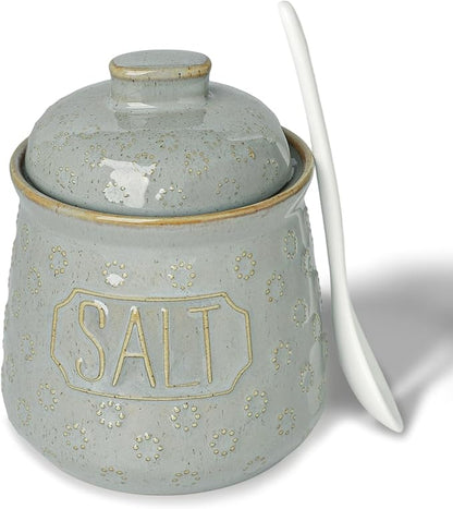 Salt & Pepper Bowl with Lid and Spoon, 10 OZ Ceramic Spices Cellar for Kitchen Counter top, Farmhouse Kitchen Decor (Vintage Grey, 4.3" Label Salt)